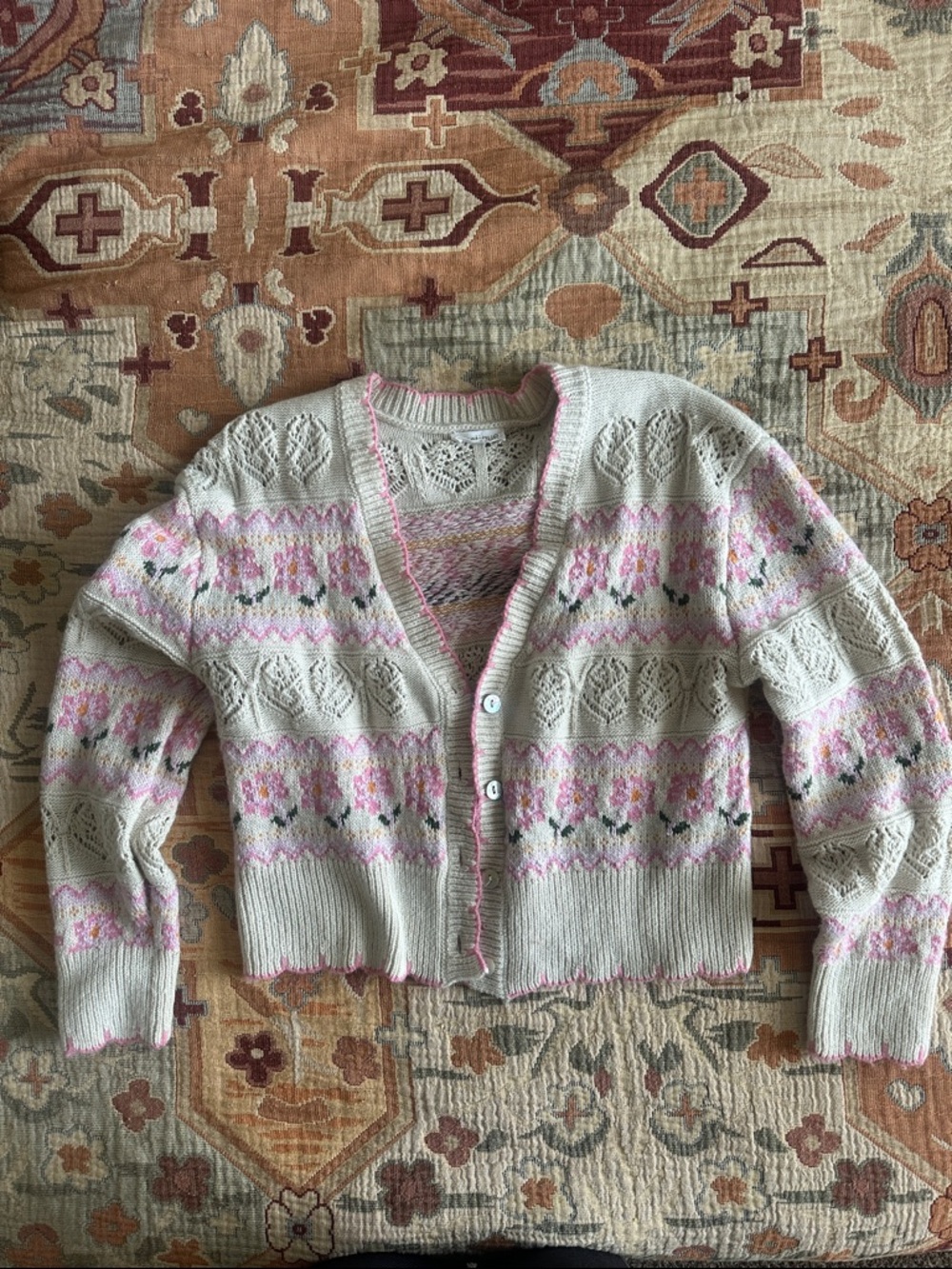 Vestique Granny Style Cardigan with pink flowers and scalloped trim, size small